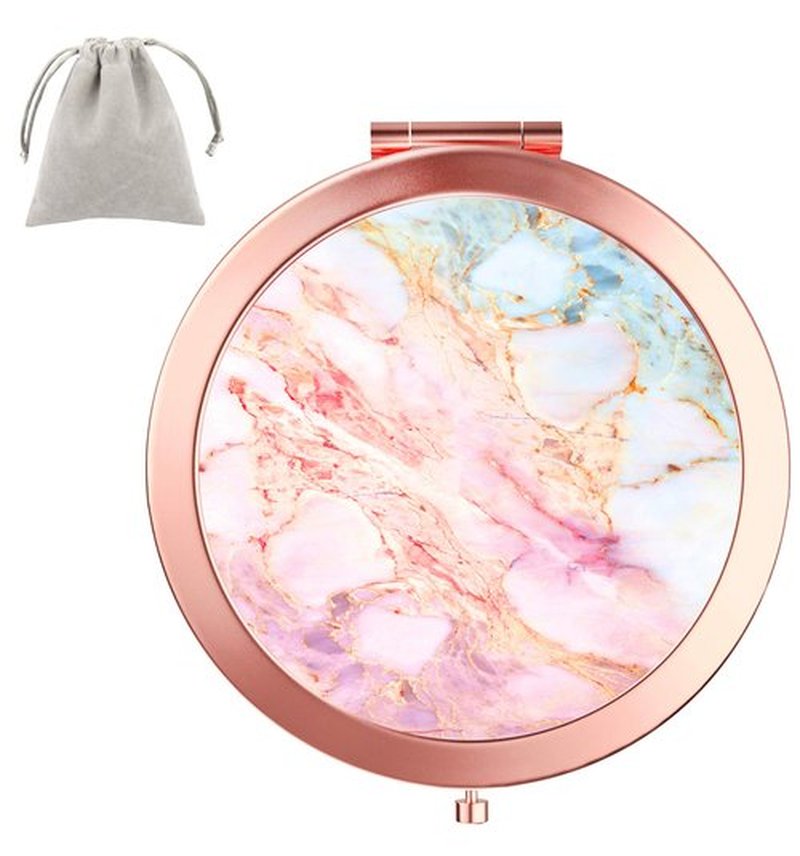 Dynippy Compact Mirror Rose Gold Makeup Mirror Folding Mini Pocket Mirror Portable Hand Mirror Double-Sided 2 x 1x Magnification for Woman Girls (A-Pink Marble)