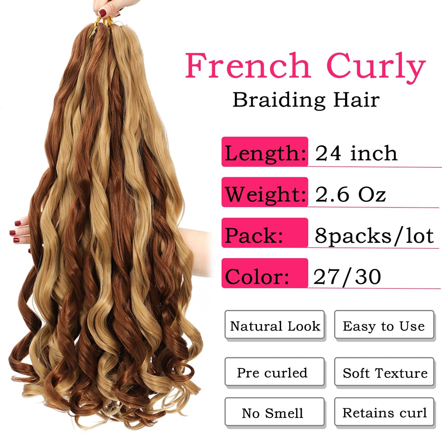 French Curly Braiding Hair 24 Inch 8 Packs - Pre Stretched Bouncy Braiding Hair- Loose Wavy Braiding Hair Synthetic Hair Extensions (24 inch 8 packs 27/30)