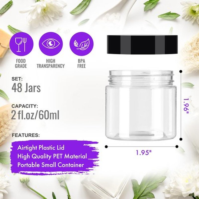 Jaisie.W 2 oz Plastic Jars with Lids 48Pack,Empty Small Plastic Jars with Lids for Storage, Round Clear Plastic Jars with Lids for Cream,Lotion,Powder,Ointment(2fl.oz,set of 48)