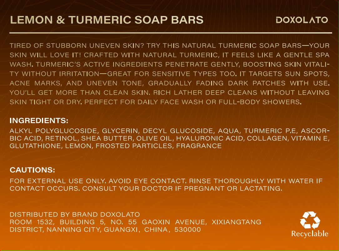 DOXOLATO Lemon Turmeric Soap Bars for Face Body - Improve Skin Texture Turmeric Soap Bar with African Net Sponge, 4 Bars
