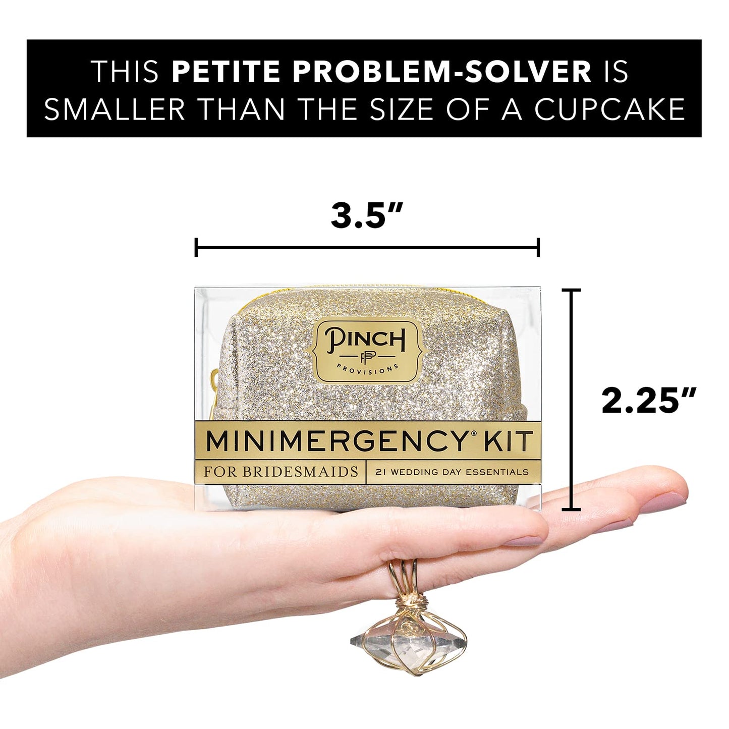 Pinch Provisions Champagne Glitter Minimergency Kit for Brides, Includes 21 Must-Have Essential Items for The Big Day, Compact, Multi-Functional Zipper Pouch, Perfect Survival Kit for Team Bride