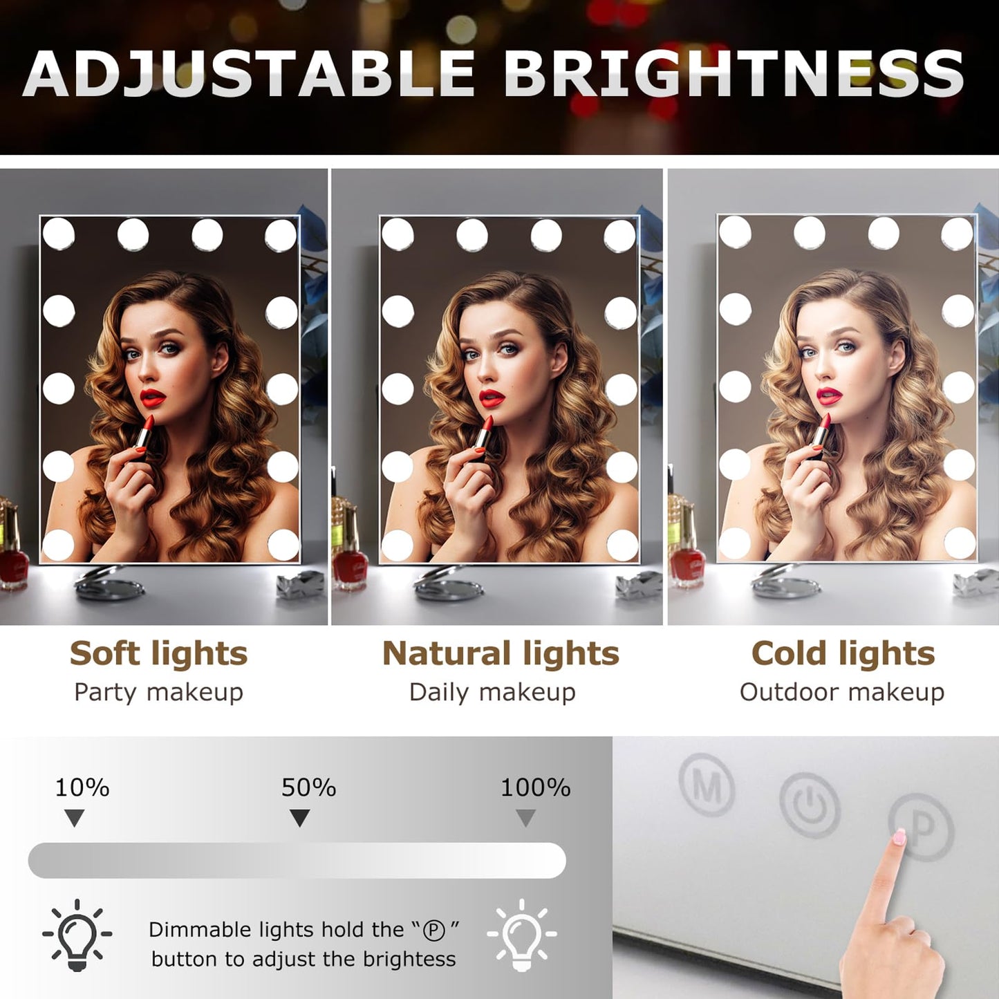 Nacvmry 10"x 12" Vanity Mirror with Lights, Hollywood Lighted Makeup Mirror with 3 Color Modes and 12 Dimmable Diamond LED Light Bulbs, Touch Control for Bedroom, White