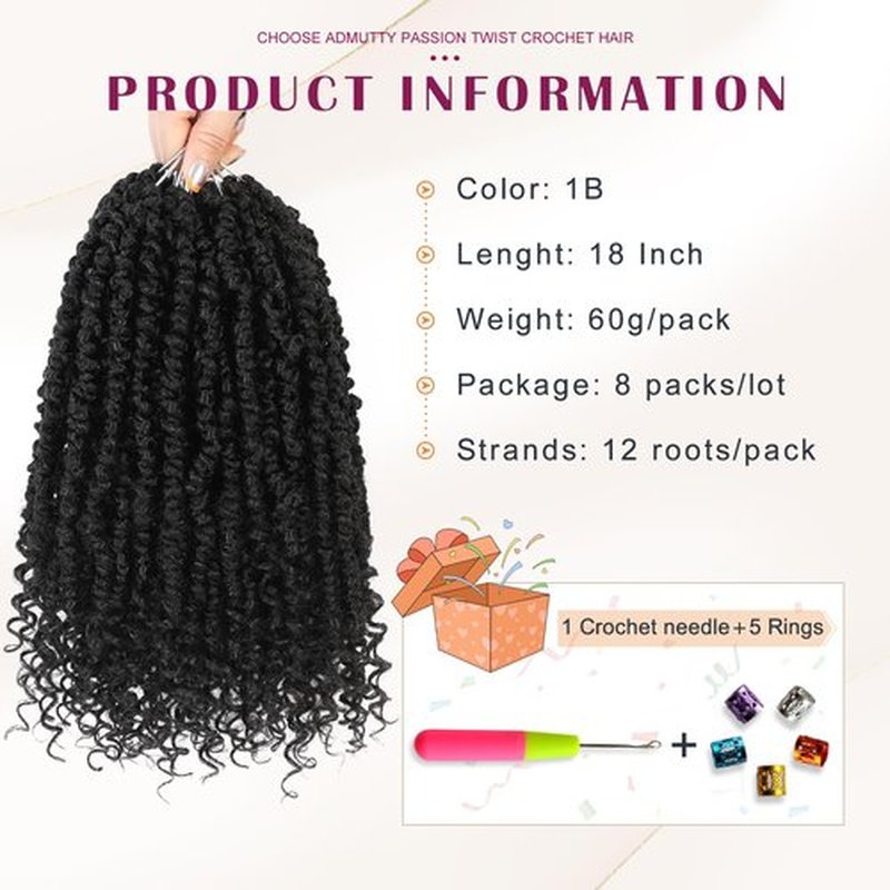 Passion Twist Crochet Hair, Passion Twist Crochet Hair Pre-Twisted 18 inch 8 Packs, Soft Pre Looped Curly Crochet Braid Hair Extension,Pre Looped Crochet Hair For Black Women(1B)