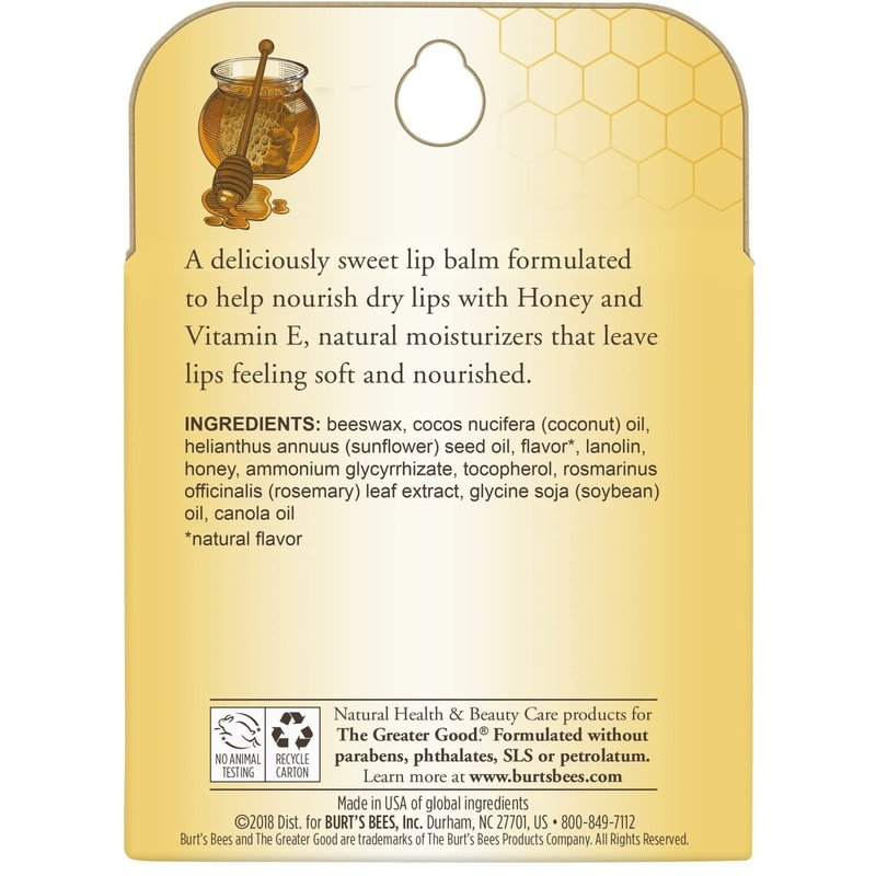 Burt's Bees Lip Balm - Honey, Lip Moisturizer With Responsibly Sourced Beeswax, Tint-Free, Natural Origin Conditioning Lip Treatment, 4 Tubes, 0.15 oz.