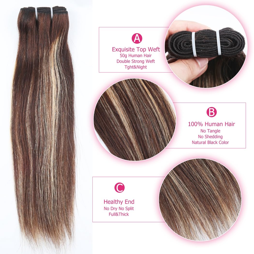 4/27 Highlight Straight Bundles with 13x4 Lace Frontal Brazilian Human Hair 3 Bundles with Frontal Ombre Blonde Colored 180% Density 12 14 16+10 Unprocessed Straight Virgin Hair Closure with Bundles