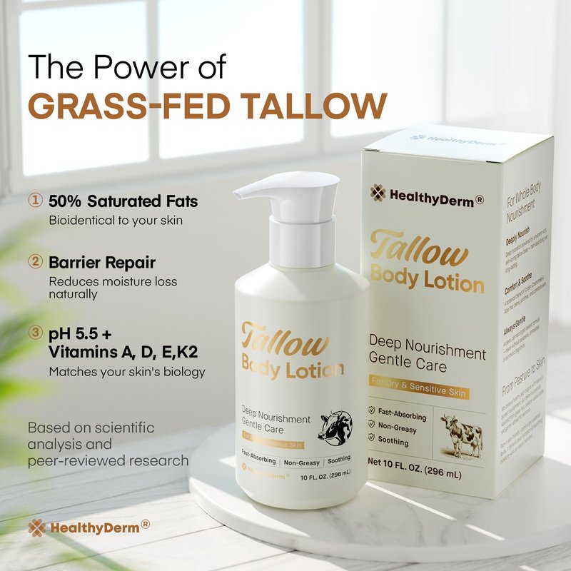 Beef Tallow Body Lotion for Skin: Grass-Fed Daily Moisturizing Cream for Dry, Mature & Crepey Skin, Fast-Absorbing, Non-Greasy, Fragrance-Free Moisturizer with Aloe & Shea Butter, 10 fl oz