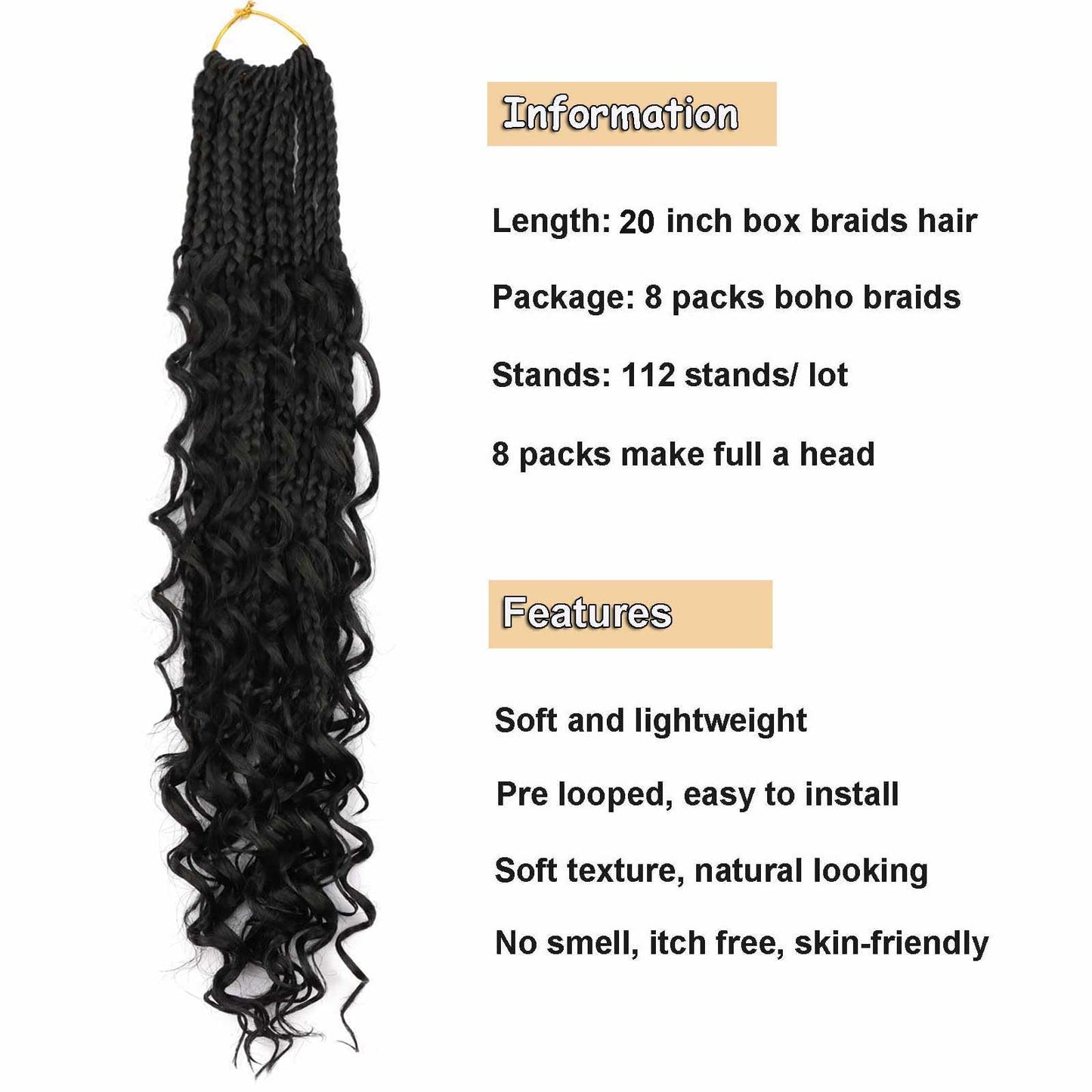 8 Packs Goddess Box Braids Crochet Hair 20 Inch Crochet Braid Hair with Curly Ends Boho Braids Bohemian Crochet Braid Hair for Women (1B, 20 inch 8 pack)