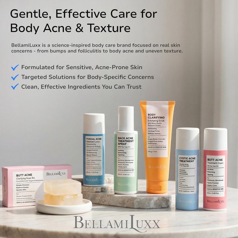 BellamiLuxx Folliculitis Acne Lotion for Body: Helps Reduce Itch, Redness, Body Acne, Bumps & Uneven Texture with Salicylic & Glycolic Acid + Botanicals - Gentle Care for Folliculitis-Prone Skin