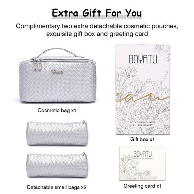 Travel Makeup Bags Cosmetic Organizer Bag: Large Capacity Make up Bag Set of 3 - Vegan Leather Toiletry Bag for Women - Portable Makeup Organizer with Compartments & Handle & Divider (1 Silver)