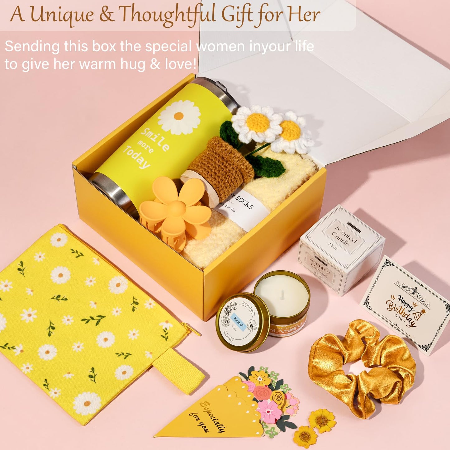 TFHESIRUUTFH Gift Basket for Women, Birthday Self Care Package with 20oz Tumbler, Scented Candle, Makeup Bag, Socks, Hair Accessories, Yellow Daisy-Themed Gift Set for Mom, Sister, Wife, Best Friend