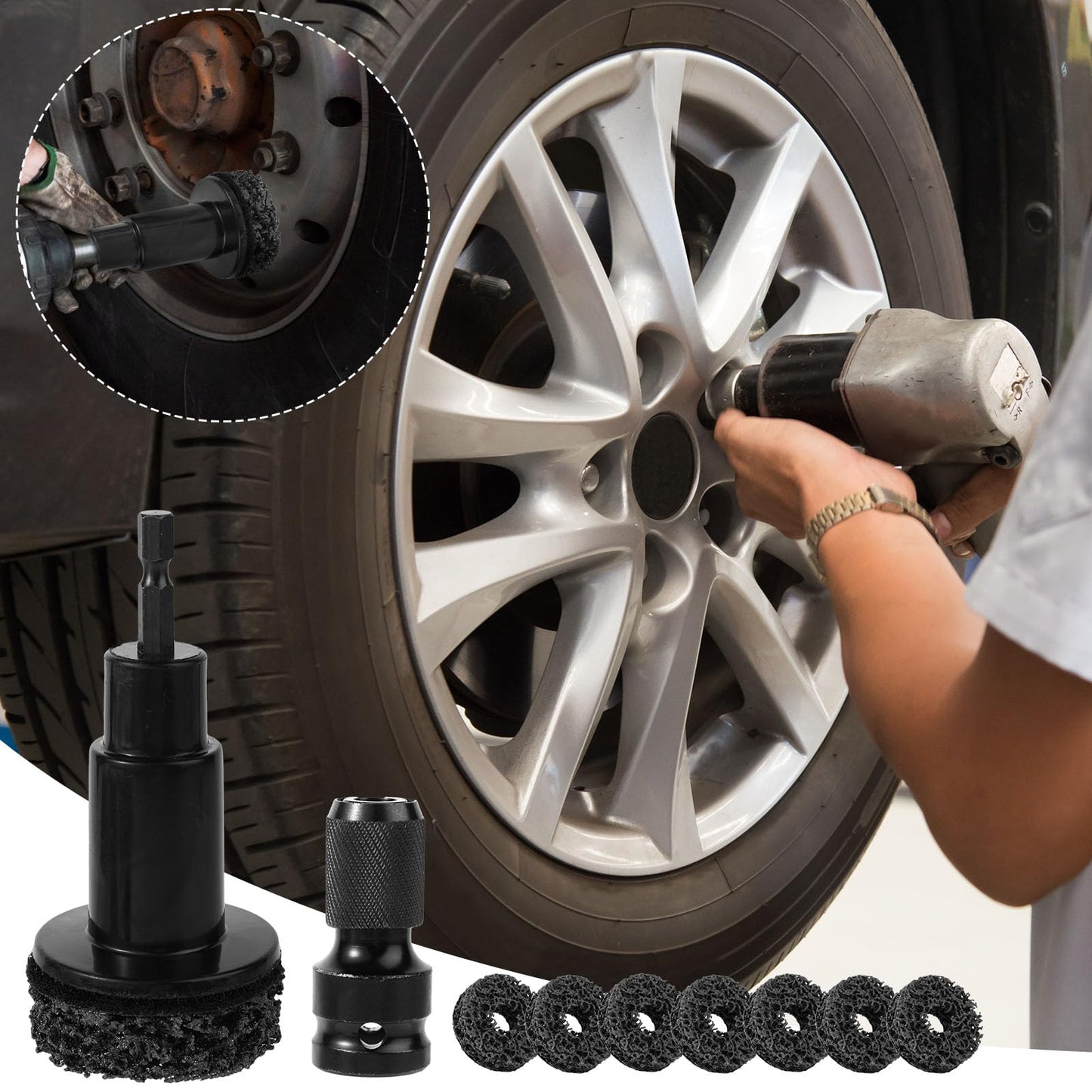 Wheel Hub Resurfacing Cleaner Tool Kit, Includes Grinding Head Adapter and 7 Pads for Cleaning Wheel Studs Hubs & Rotors Compatible with 1/2in Impact Wrenches & 1/4in Hex Shank Electric Drills