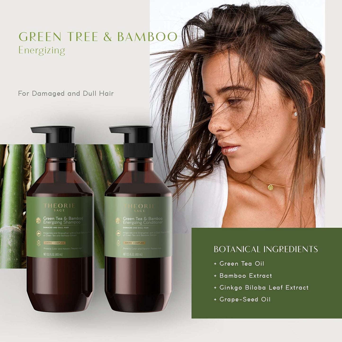 Theorie Green Tea and Bamboo - Energizing Shampoo - Invigorate & Strengthen, Irresistible Scent of Green Tea, Jasmine, Amber & Cypress - For Damaged & Dull Hair - Color & Keratin Safe / 800mL