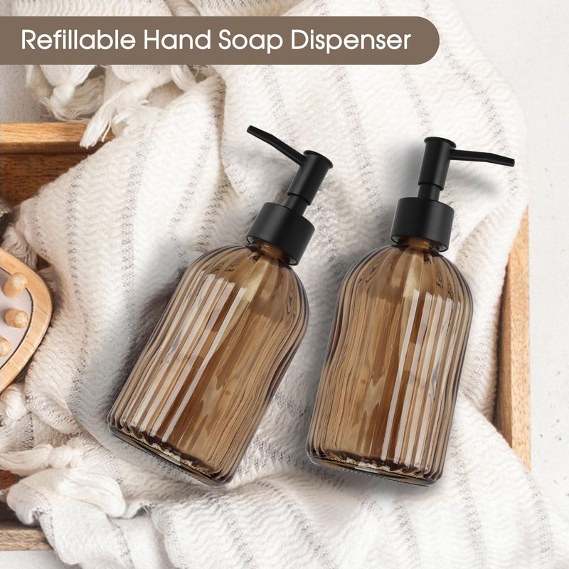13.5oz Stripe Glass Soap Dispenser with Black Plastic Pump, 400ml Liquid Hand Soap Dispenser, Rustproof Pump for Kitchen & Bathroom, Great for Lotions, Essential Oil, Liquid Soaps-Amber