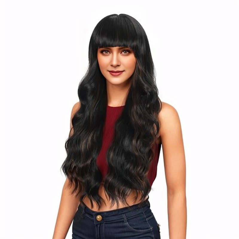 UNNYMGER Black Mixed Brown Wigs with Bangs,Long Curly Wig for Women Long Wavy Wig Synthetic Hair Wig for festival holiday Use 26IN (2-30)