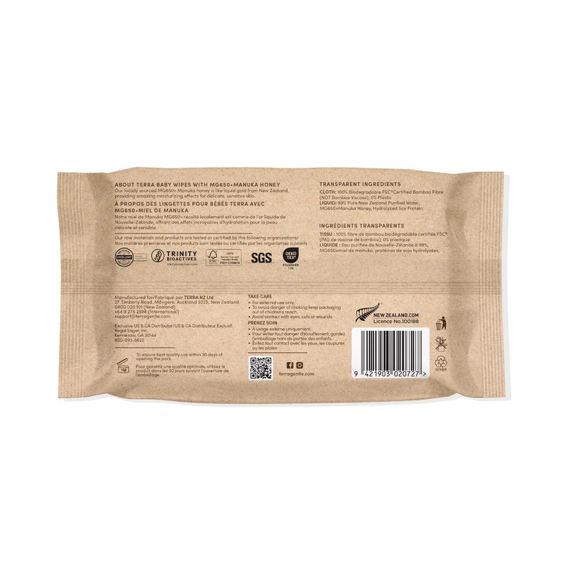 Terra Bamboo Baby Wipes: Manuka Honey, 99.5% Pure New Zealand Water, 100% Biodegradable Bamboo Fiber, 0% Plastic, Unscented Baby Wipes for Sensitive Skin, 1 Pack of 70 Wipes