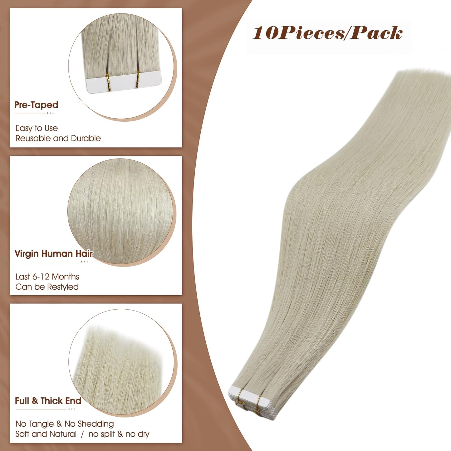 Full Shine Ice Blonde Tape in Extensions Human Hair Virgin Tape in Hair Extensions Real Human Hair Color 1000 Blonde 25 Gram Invisible Tape in Virgin Hair Extensions Straight Hair 10pcs Remy Hair