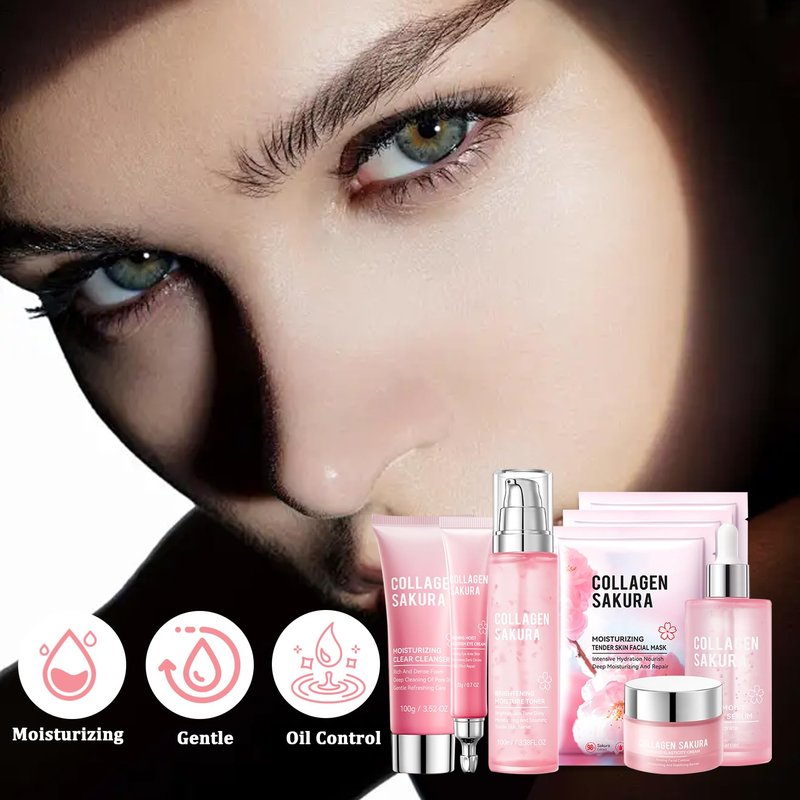 8PCS Sakura Skin Care Set,Hydrating Skin Care Kit Gift Set for Women and Girls,Moisturizing Skincare Set Facial Kit with Cleanser,Face Serum,Face Masks,Facial Cream,Toner and Eye Cream