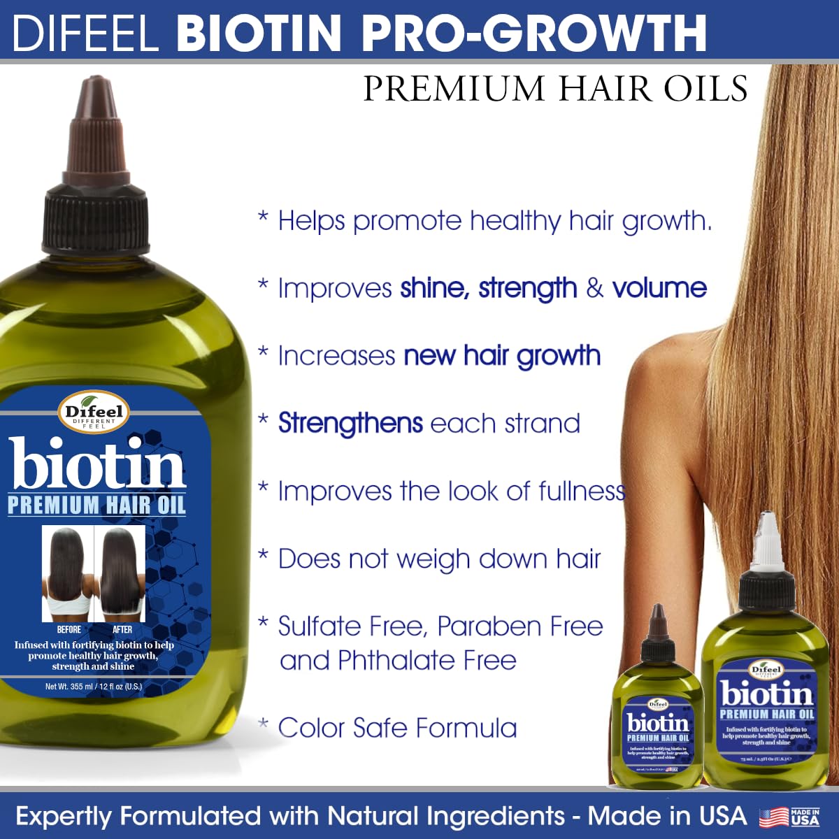Difeel Biotin Pro-Growth 4-PC Hair Care Gift Set - Shampoo (12oz), Conditioner (12oz), Hair Oil (7oz), and Hair Mask (12oz)