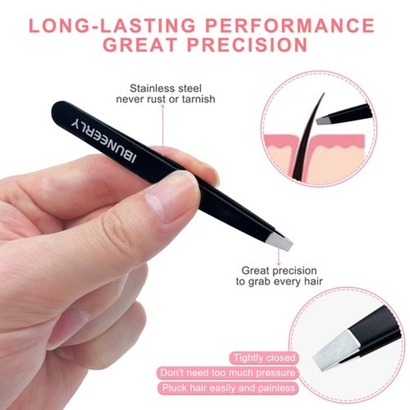 iBuneerly Tweezers Set, 4Pcs Tweezers for Women with Travel Case, Professional Stainless Steel Eyebrows Tweezers, Great Precision Tweezers for Ingrown Hair, Facial Hair, Splinter Removal (Black)