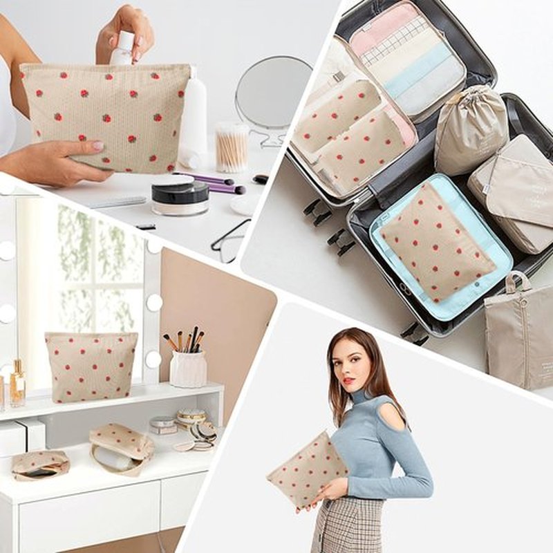 LYDZTION 3Pcs Corduroy Makeup Bag Cosmetic Bag for Women, Strawberry Makeup Bag Cute Small Makeup Bag Storage Bag Travel Toiletry Organizing Bag Pouch,Strawberry