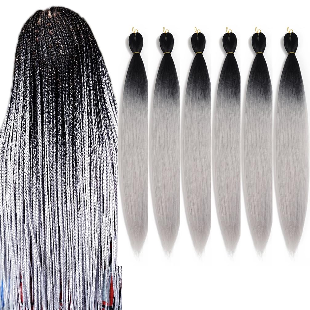 BALINGHAIR Pre-Stretched Braiding Hair Extensions High Temperature Braids Hair 28 Inch Ombre Black to Light Grey(B36-6Packs)