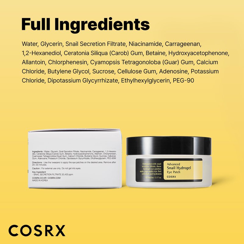 COSRX Advanced Snail Mucin Hydrogel Eye Patch for Fine Lines & Dry Under Eyes, Gel Serum Mask, Hydrating Under Eye Patches (60), Snail Eye Patches, Korean Skin Care