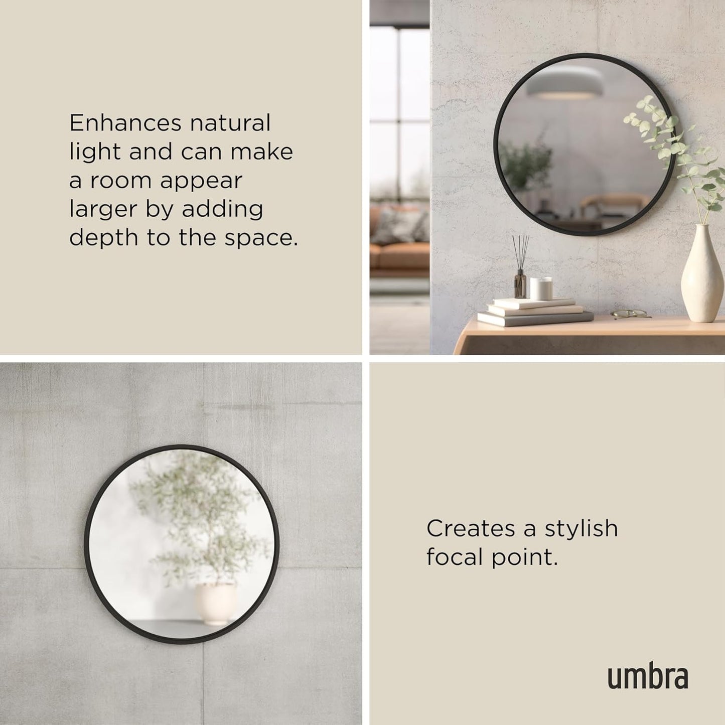 Umbra Hub Round Wall Mirror with Rubber Frame, Modern Style for Bathroom, Entryway, Living Room and More, 24-Inch, Black