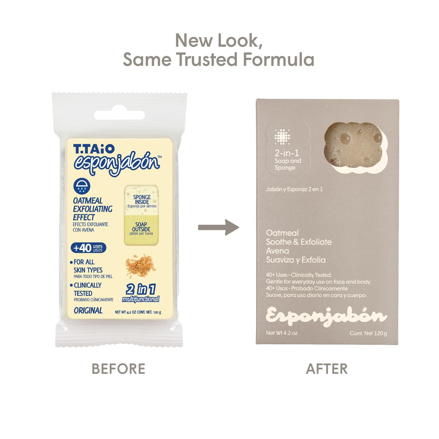 T.Taio Esponjabon Soap Sponge for Shower, Bath Wash Scrubber for Body, Foot and Face, Bathroom Accessory with Massage and Lather, Oatmeal Soap Sponge with Mini Soap Included