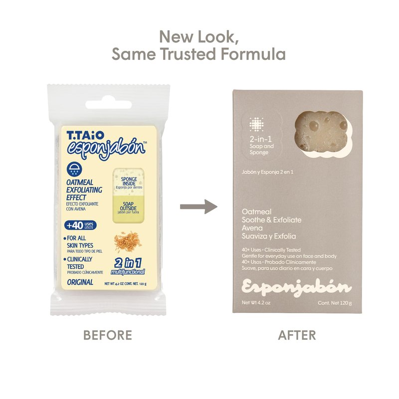 T.Taio Esponjabon Soap Sponge for Shower, Bath Wash Scrubber for Body, Foot and Face, Bathroom Accessory with Massage and Lather, Oatmeal Soap Sponge with Mini Soap Included