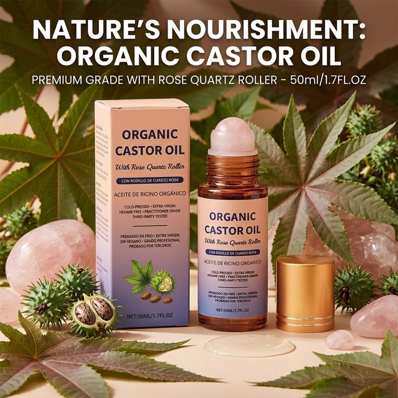 Bicotand Organic Castor Oil Roll on with Rose Quartz Roller, 100% Organic Cold Pressed Castor Oil for Face and Body, Neck, Moisturize Skin 1 pc