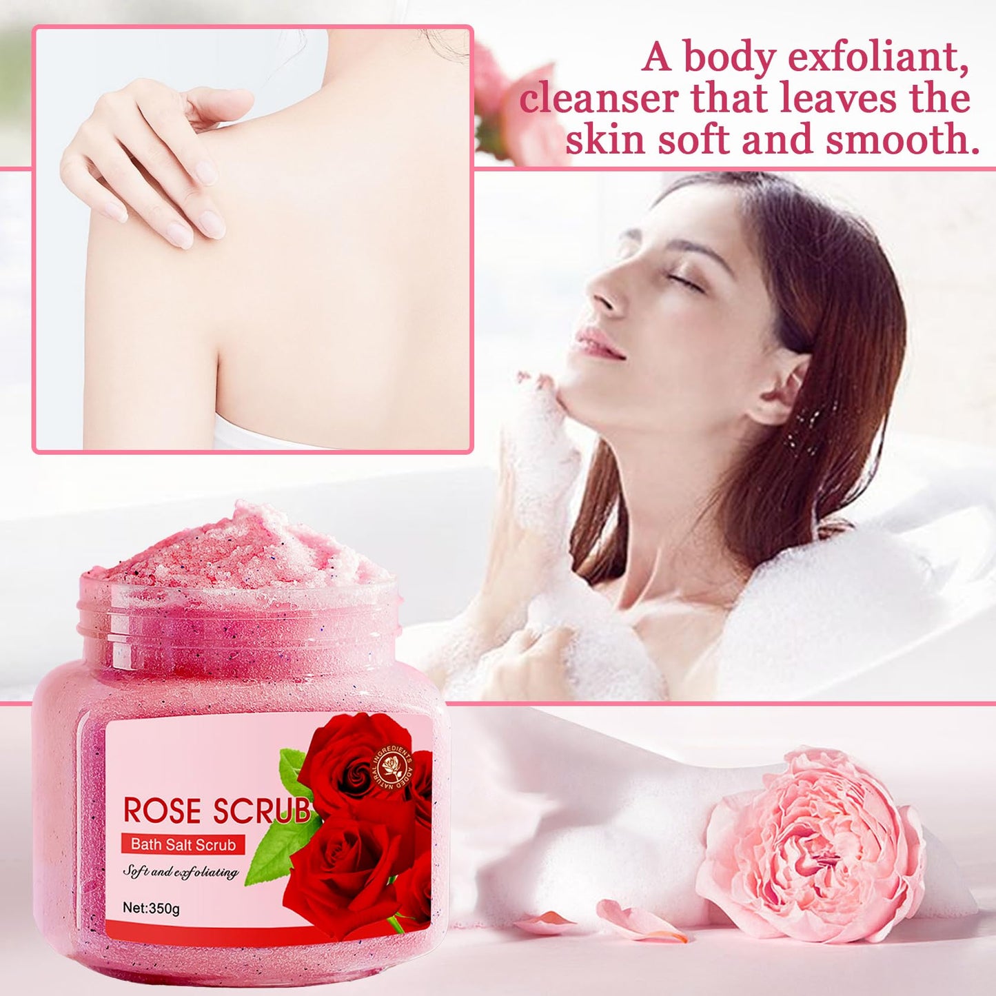 Rose Body Exfoliator, Deep Cleaning Exfoliating Body Scrub, Moisturizing Nourishing Salt Rose Body Scrub, 350 g