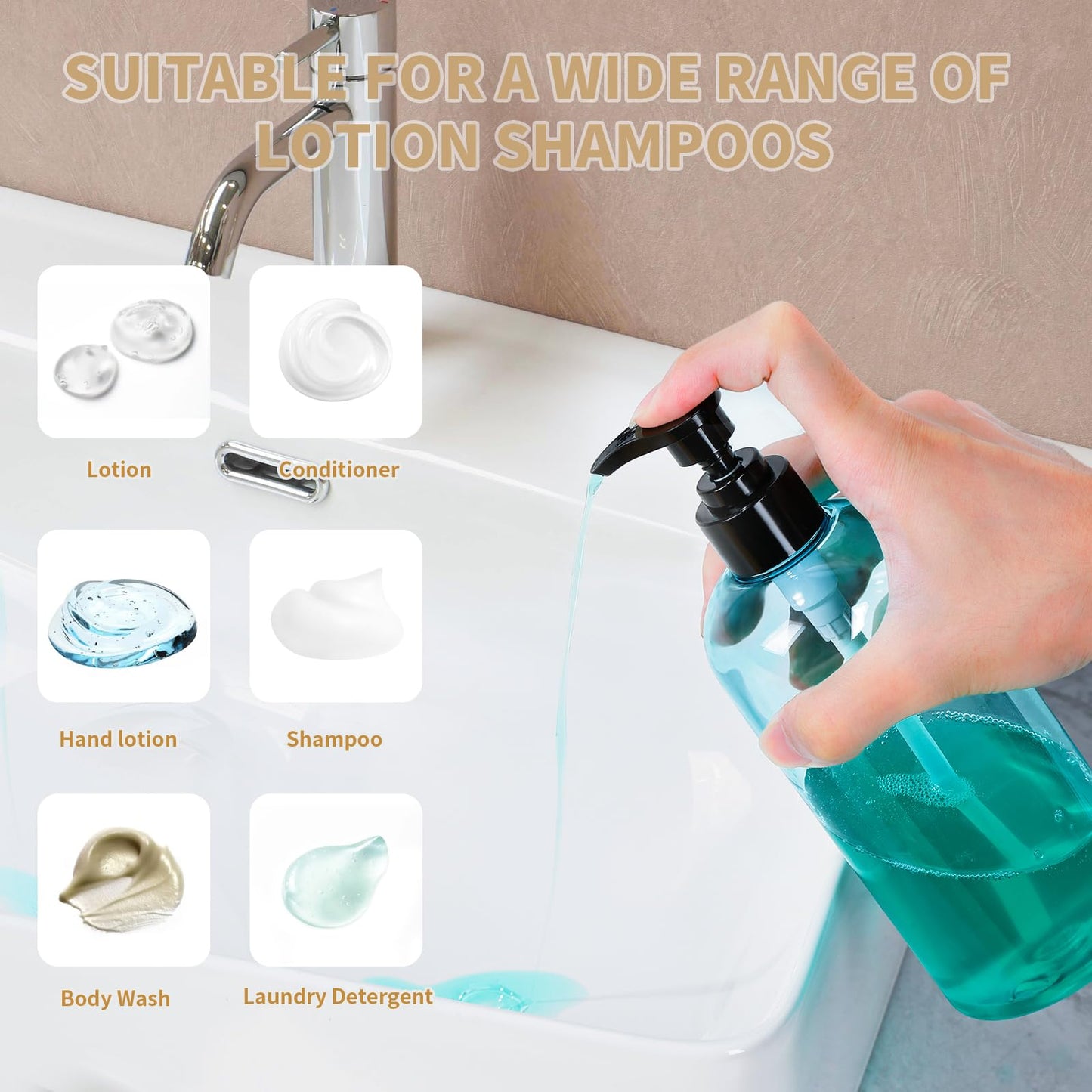 Bynccea 2 Pack Empty Plastic Pump Bottles Dispenser 16 oz / 500 ml Refillable Shampoo Bottles with Pumps Cylinder Shampoo Lotion Hand Pump Bottle Liquid Container for Bathroom Shampoo and Body Wash