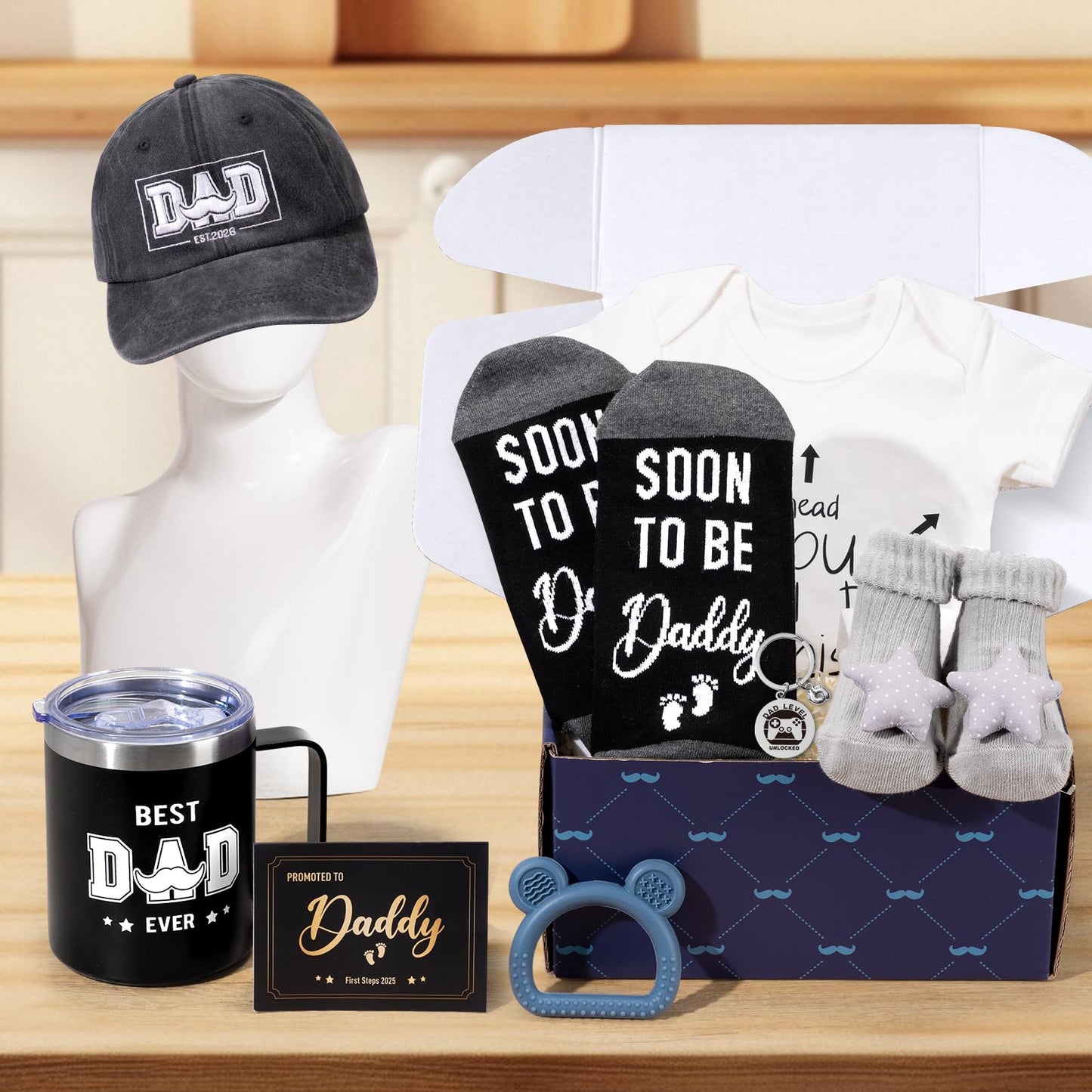 2026 New Dad Gifts Box, 9 Pcs First Time Dad Gifts, Dad to Be Gifts for 1st Time with Tumbler Hat Onesie Socks Keychain for Baby Shower,Unique Kit for Soon to Be or Expecting Father