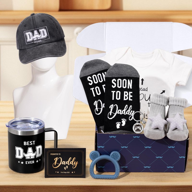 2026 New Dad Gifts Box, 9 Pcs First Time Dad Gifts, Dad to Be Gifts for 1st Time with Tumbler Hat Onesie Socks Keychain for Baby Shower,Unique Kit for Soon to Be or Expecting Father