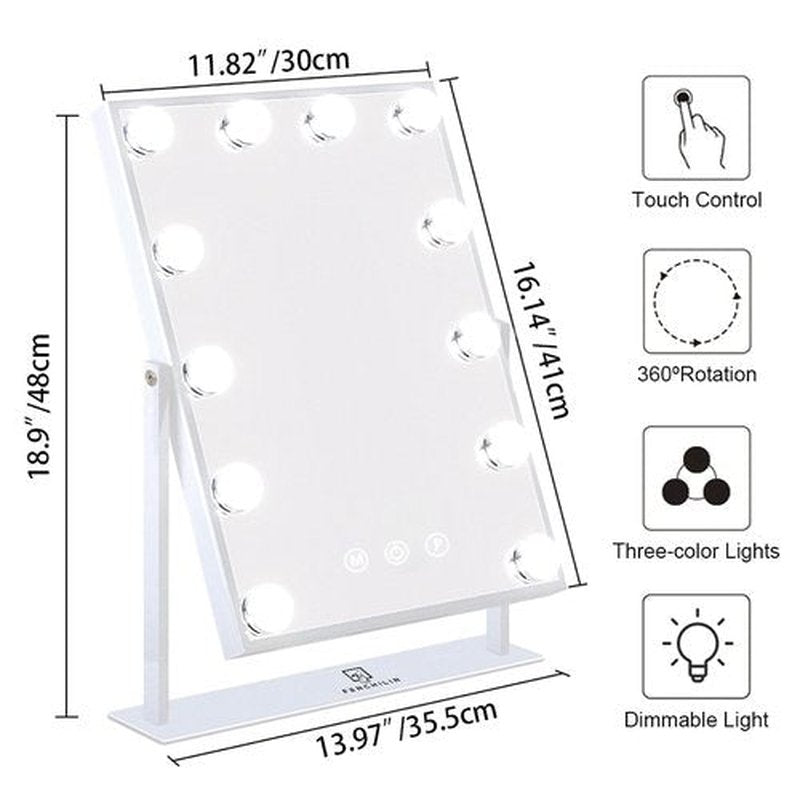 FENCHILIN Lighted Makeup Mirror Hollywood Mirror Vanity Makeup Mirror with Light Smart Touch Control 3Colors Dimmable Light Detachable 10X Magnification 360°Rotation(White)