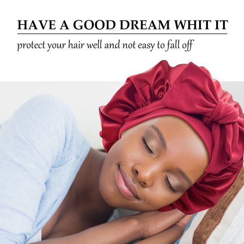 Satin Bonnet Silk Bonnet Hair Bonnet for Sleeping Large Bonnets with Tie Band Hair Wrap with Adjustable Straps Hair Cap Night Sleep Caps for Women Curly Braid Hair Wine Red