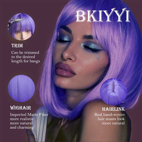 Purple Bob Wig with Bangs Short Lavender Purple Straight Wig for Women Heat Resistant Synthetic Natural Hair Wig Colorful Bob Wigs for Grils Daily Party Halloween Cosplay Use 13inch