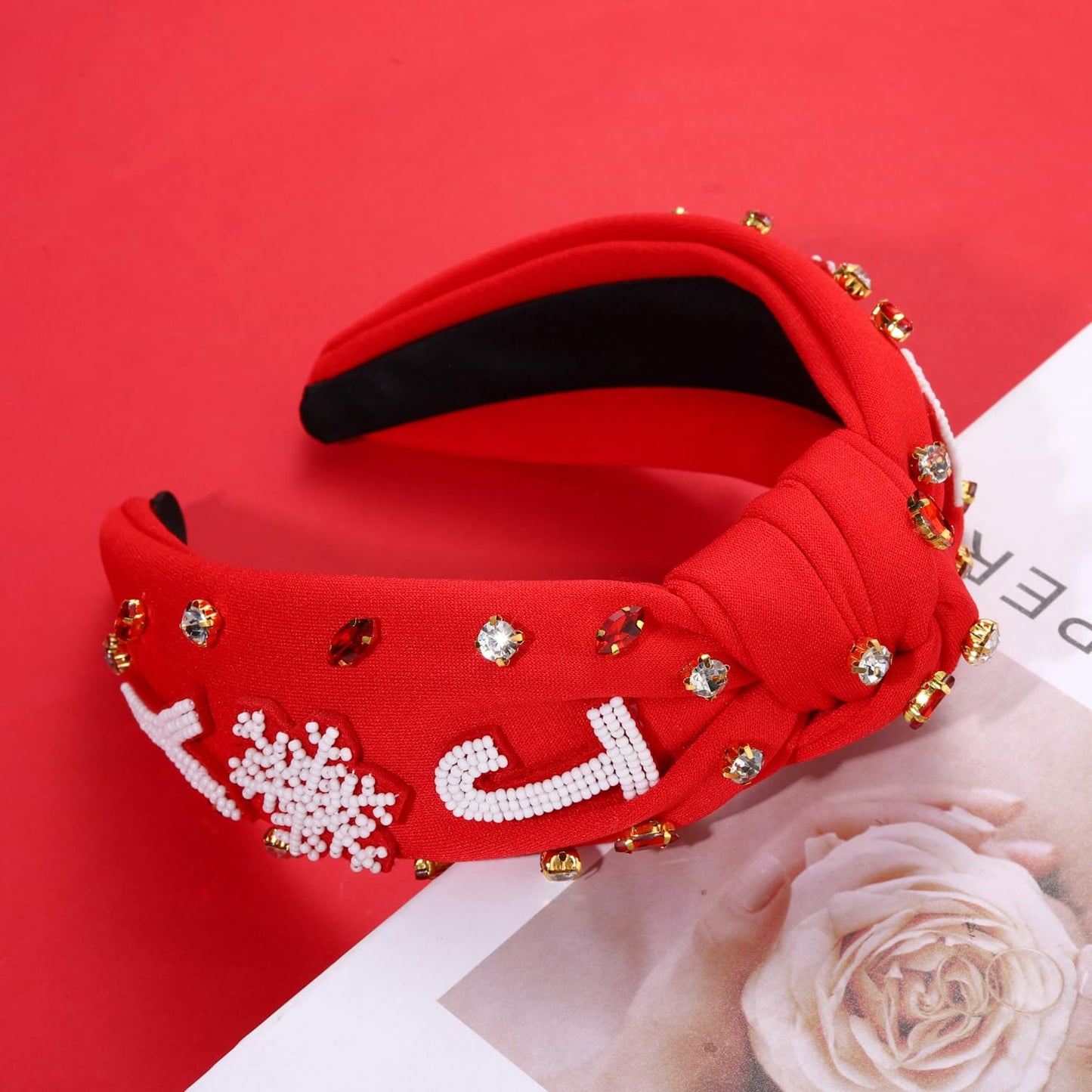 NVENF Joy Red Christmas Hairband for Women - Wide Top Knot Holiday Headband with Crystal Pearl Embellishments - Festive Hair Accessory for Holiday Outfits, Gifts, and Parties