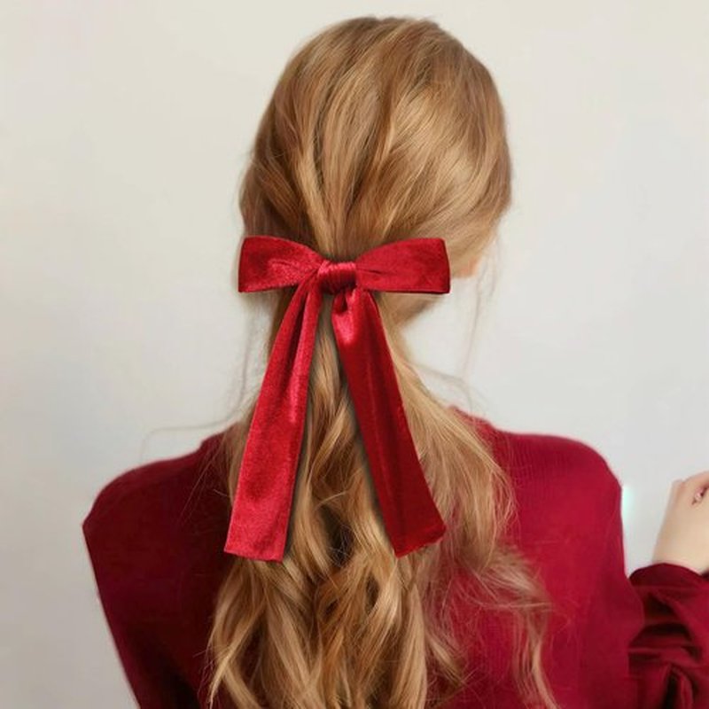 CEELGON 3 PCS Long Tail Velvet Hair Bows Hair Bow Set for Toddler Girls Long Ponytail Knot Bows Alligator Clip Hair Accessories for Girls and Women (Beige, Red, Black)