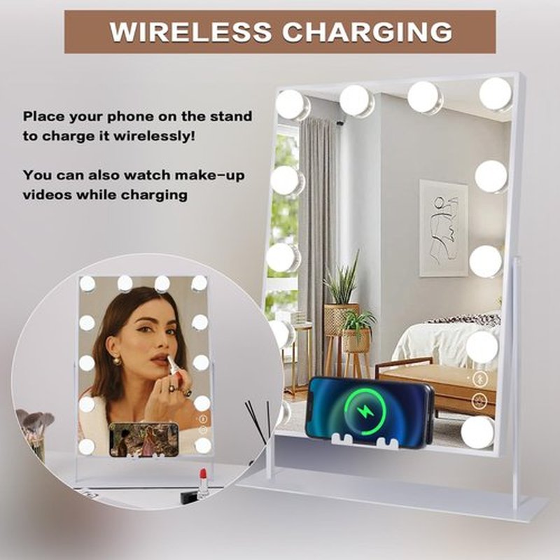 Leishe Hollywood Vanity Mirror with Lights and Speaker Lighted Makeup Mirror with Wireless Charging and 3 Lighting Modes, Detachable 10x Magnification (11.81" x 16.14")