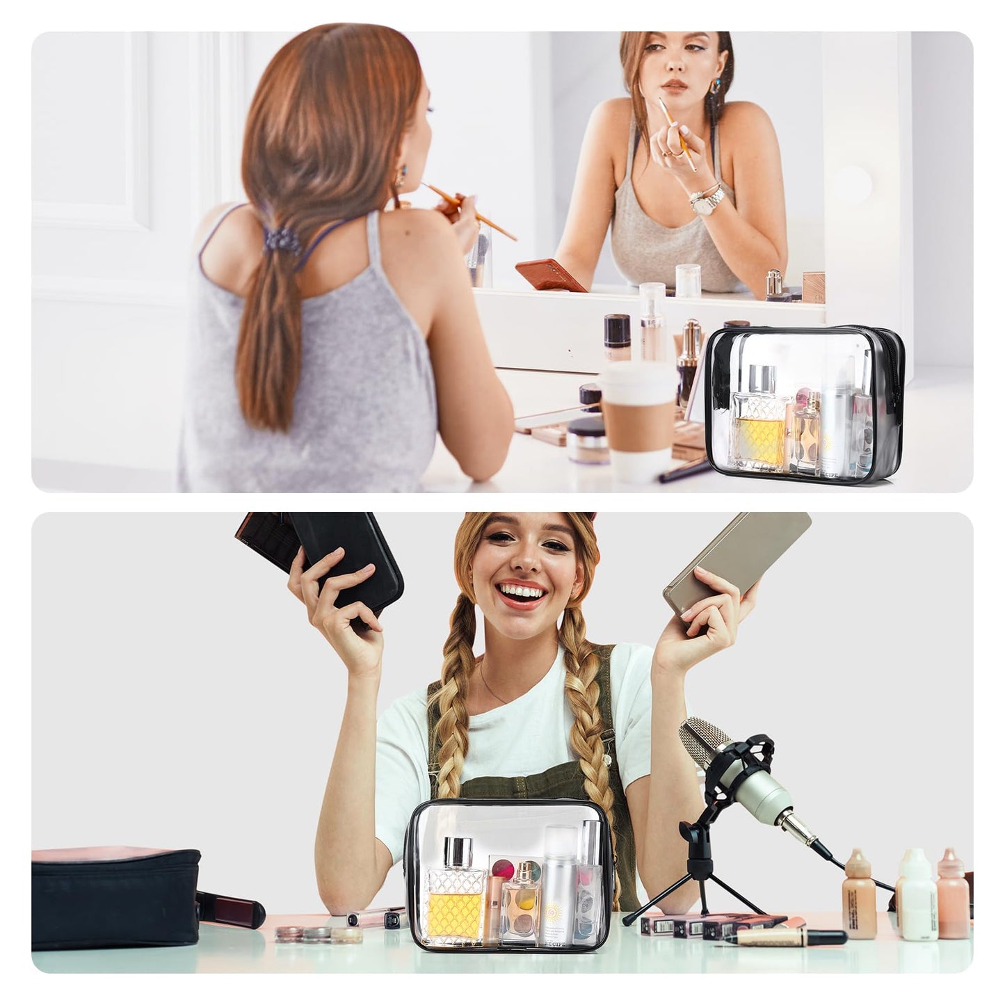 Weewooday 12 Pieces Clear Cosmetics Bag PVC Zippered Clear Toiletry Carry Pouch Cosmetic Makeup Bag Waterproof Makeup Vinyl Plastic Organizer Case for Vacation Bathroom(Dark Black,Medium)