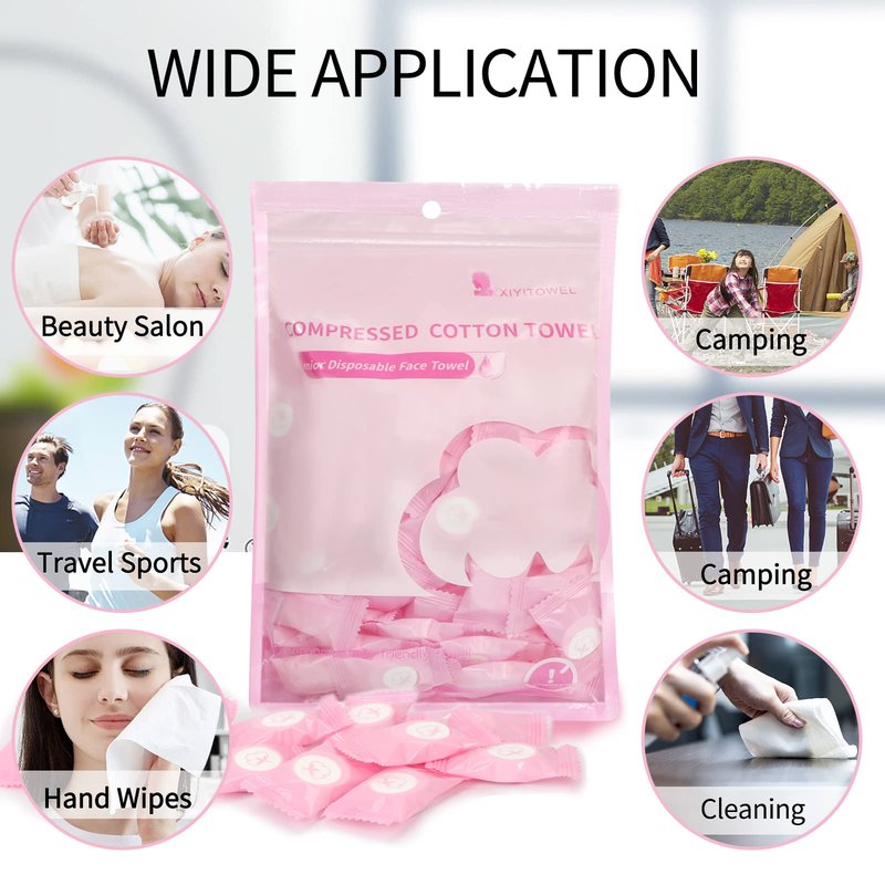 SyuCeia Compressed Towels Tablets - 100% Cotton, 100PCS Portable & Disposable Face Cloths for Travel, Camping, Hiking & Makeup Removal (Pink)