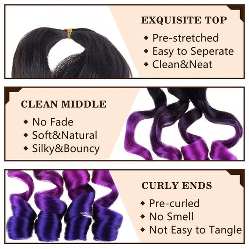 COOKOO 22 Inch French Curl Braiding Hair 9 Packs Pre Stretched Spanish Curly Braiding Hair Ombre 3 Tones Bouncy Curly Braiding Hair with Curly Ends Loose Wavy Crochet Hair (black/purple/dark blue)