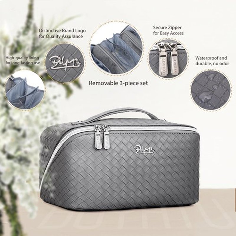 Travel Makeup Bags Cosmetic Organizer Bag: Large Capacity Make up Bag Set of 3 - Vegan Leather Toiletry Bag for Women - Portable Makeup Organizer with Compartments & Handle & Divider (01 Grey)