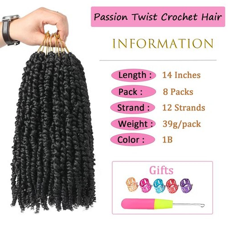 8 Packs Passion Twist Crochet Hair 14 Inch Pre Looped Nature Crochet Passion Twist Hair Bohemian Pre-twisted Passion Twist Braiding Synthetic Hair for Kids and Girls (14 Inch,1B, 8 Packs)