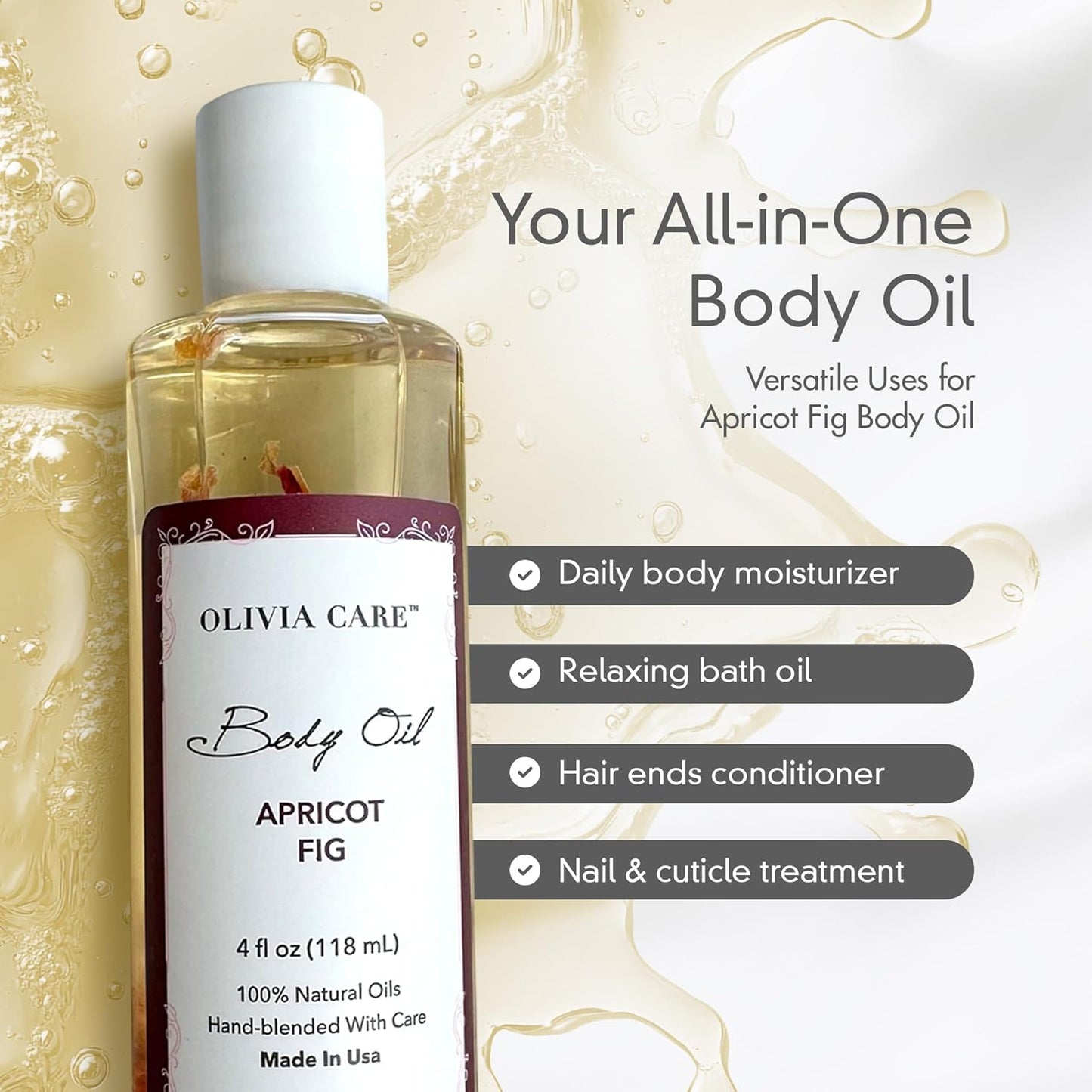 Olivia Care 3 Pack Body Oils: Apricot Fig, French Rose, Jasmine Gardenia - Natural Perfume Oils For Women & After Bath Oils Body Moisturizers, Rich in Vitamin E, K, & Omega (3 Scents)