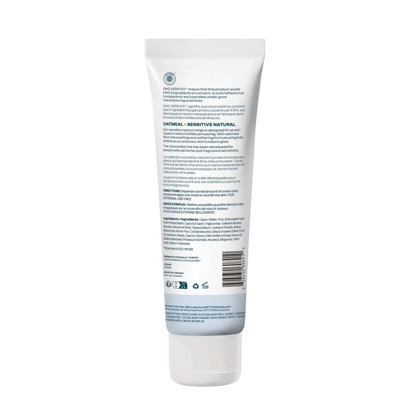 ATTITUDE Body Cream for Sensitive Skin with Oat, EWG Verified, Dermatologically Tested, Vegan, Extra Gentle, Unscented, 8 Fl Oz