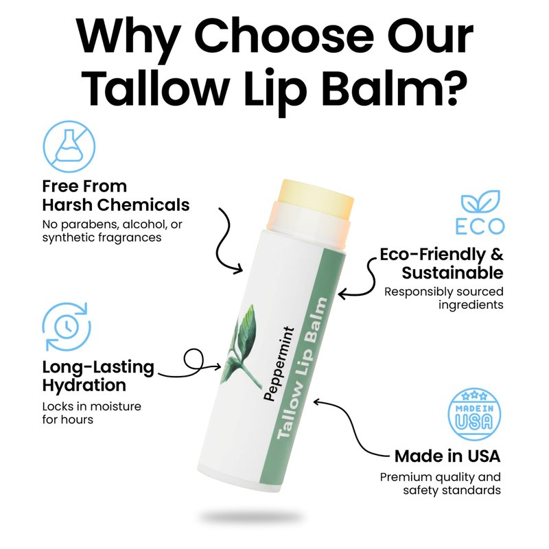 Tallow Lip Balm by Cattle Creek – All-Natural Ingredients, Long-Lasting Moisture and Hydration for Dry, Cracked, and Chapped Lips, Soothing Formula for Soft Skin (Pack of 3, Peppermint)