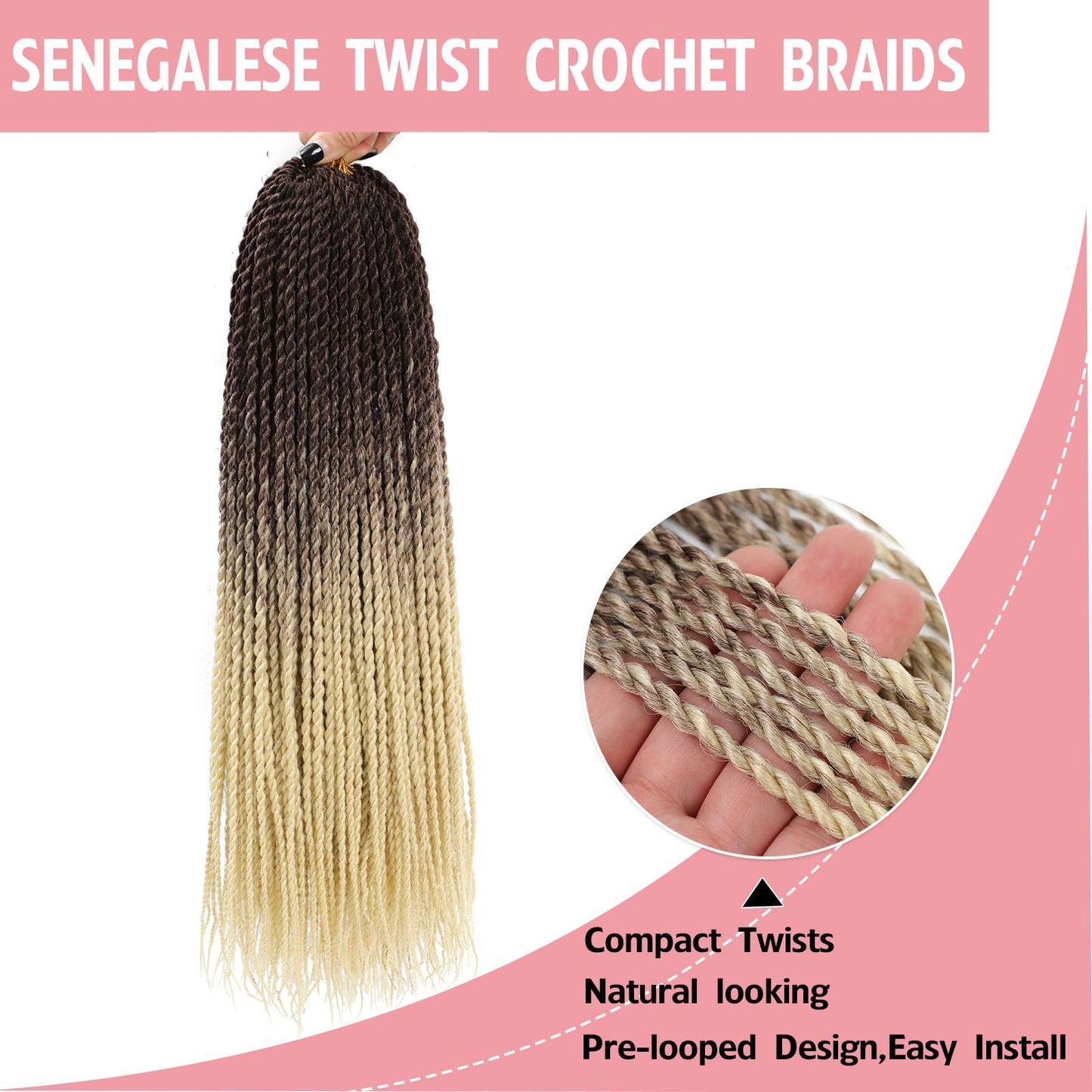 BEFUNNY Ombre Blonde Senegalese Twist Crochet Hair-5 Packs 18 Inch Senegalese Twist Crochet Braids For Women Human Hair,Pre Looped Crochet Braids, Colorful Twist Crochet Hair Extension(18in,T4/613#)