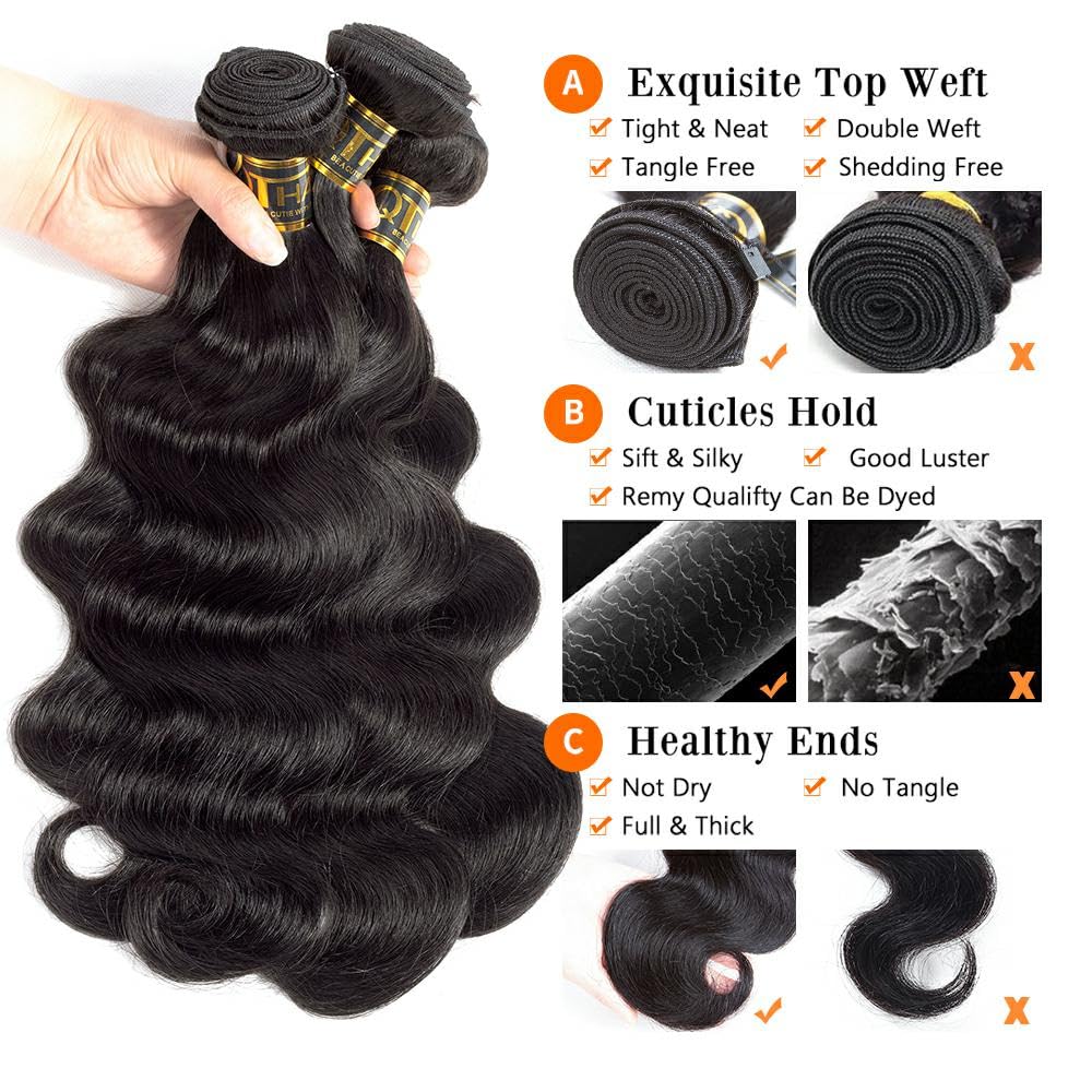 QTHAIR 16A 3 Bundles Brazilian Body Wave Virgin Hair 20" 20" 22" Natual Color 300g 100% Unprocessed Brazilian Human Hair Body Wave